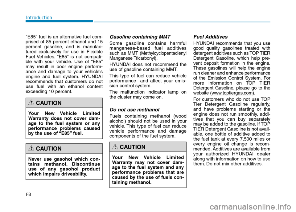 Hyundai Genesis 2015  Owners Manual F8
Introduction
"E85" fuel is an alternative fuel com-
prised of 85 percent ethanol and 15
percent gasoline, and is manufac-
tured exclusively for use in Flexible
Fuel Vehicles. “E85” is not compa