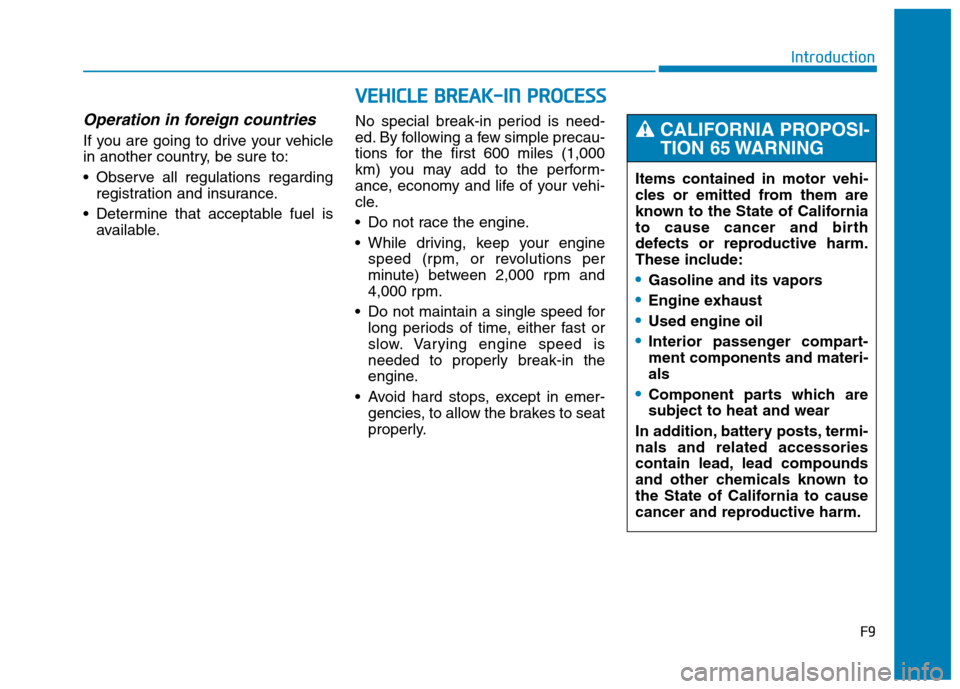 Hyundai Genesis 2015  Owners Manual F9
Introduction
Operation in foreign countries
If you are going to drive your vehicle
in another country, be sure to:
 Observe all regulations regarding
registration and insurance.
 Determine that acc