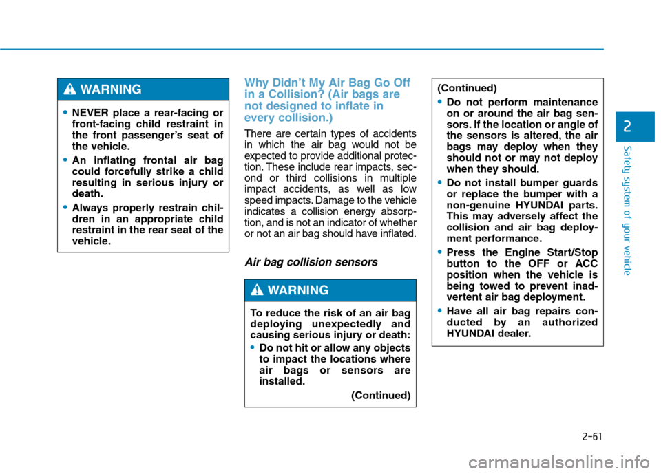 Hyundai Genesis 2015  Owners Manual 2-61
Safety system of your vehicle
2
Why Didn’t My Air Bag Go Off
in a Collision? (Air bags are
not designed to inflate in
every collision.)
There are certain types of accidents
in which the air bag