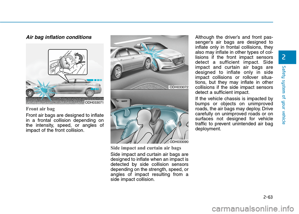 Hyundai Genesis 2015 Manual Online 2-63
Safety system of your vehicle
2
Air bag inflation conditions 
Front air bag 
Front air bags are designed to inflate
in a frontal collision depending on
the intensity, speed, or angles of
impact o