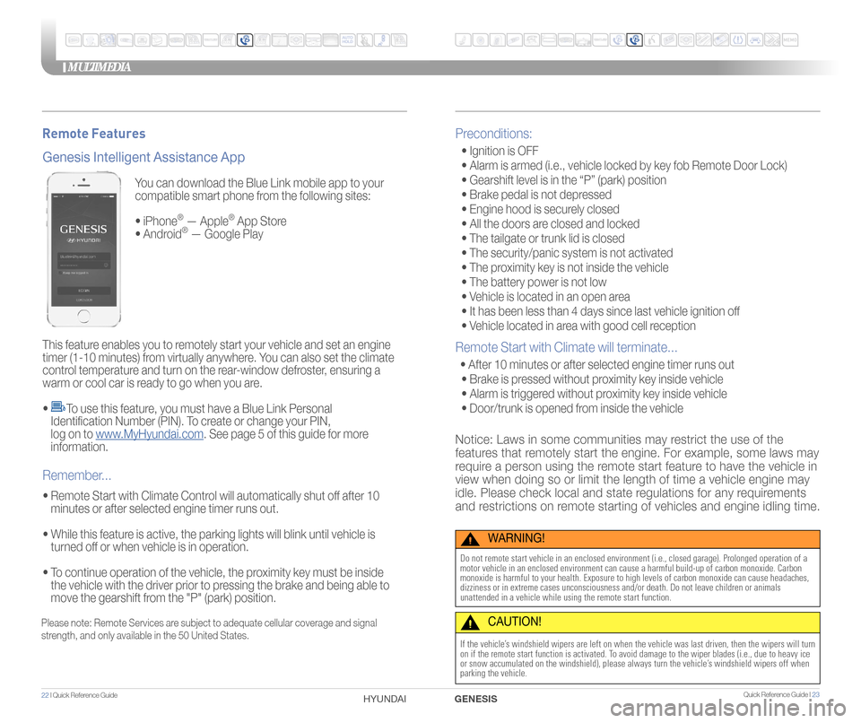 Hyundai Genesis 2015  Quick Reference Guide You can download the Blue Link mobile app to your 
compatible smart phone from the following sites:
 
• iPhone
® — Apple® App Store
• Android® — Google Play
This feature enables you to remo