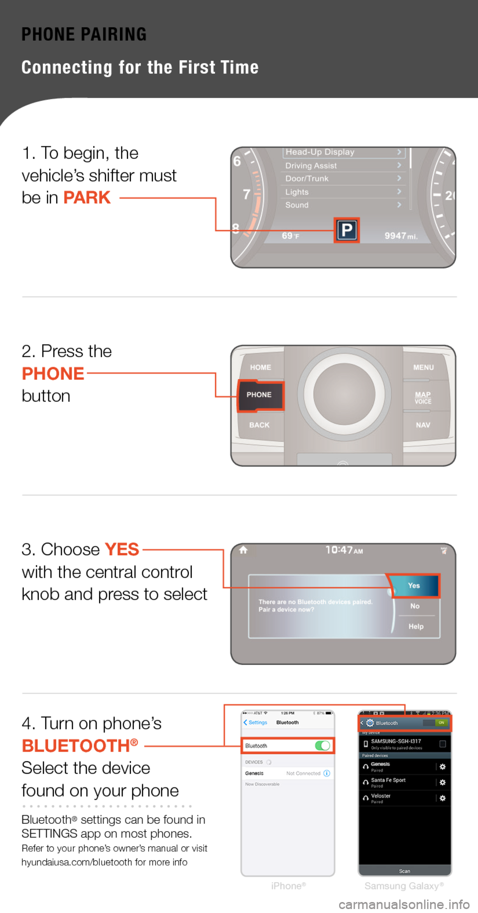 Hyundai Genesis 2015  Quick Tips PHONE PAIRING
Connecting for the First Time
3. Choose YES with the central control knob and press to select
iPhone®Samsung Galaxy®
4. Turn on phone’s  BLUETOOTH®
Select the devicefound on your ph