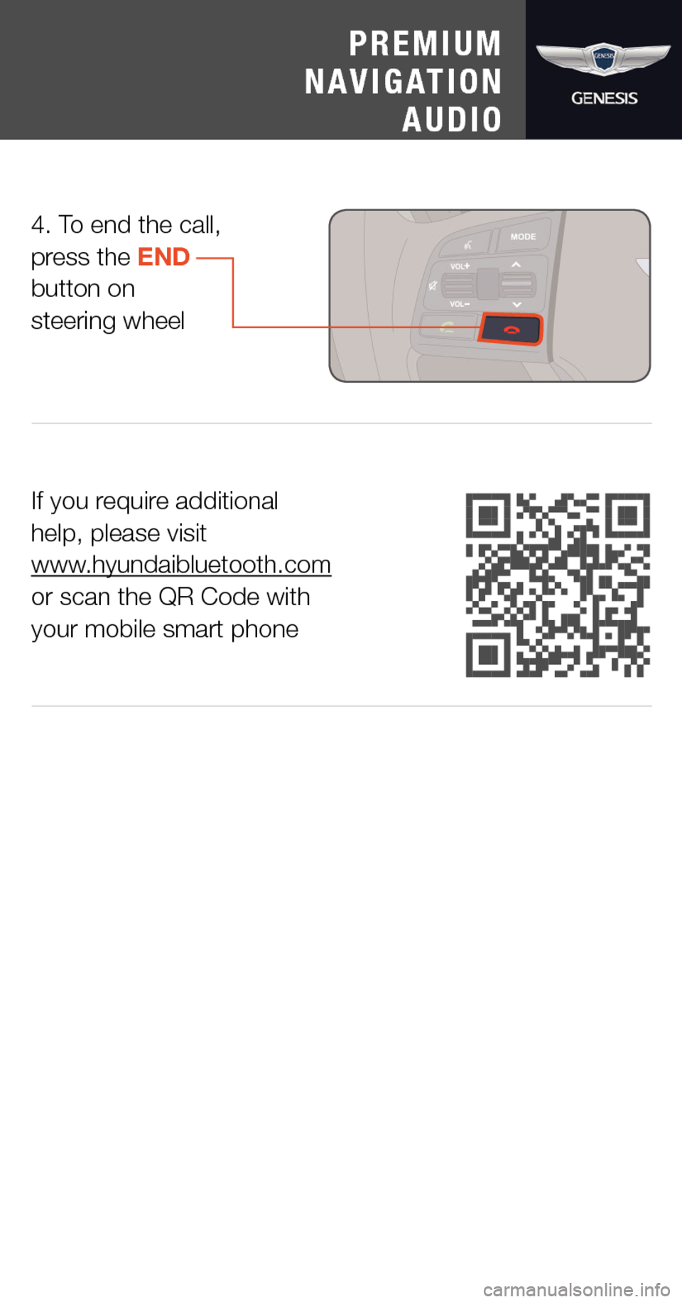 Hyundai Genesis 2015  Quick Tips If you require additional  help, please visit  www.hyundaibluetooth.com or scan the QR Code with  your mobile smart phone
4. To end the call, press the END  button on  steering wheel
PREMIUM
NAVIGATIO