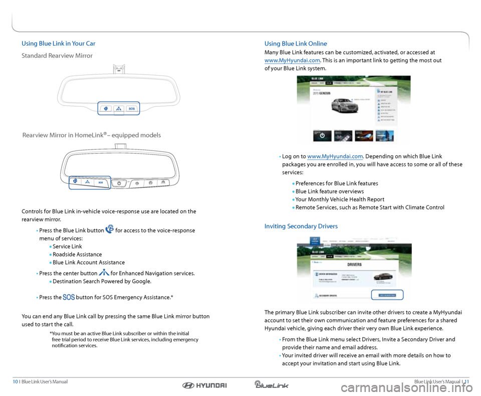 Hyundai Genesis 2015  Blue Link Manual Blue link User’s Manual  I  11
10  I   Blue link User’s Manual
Using Blue link in  your c ar
s tandard r earview Mirror
controls for Blue link in-vehicle voice-response use are located on the 
rea