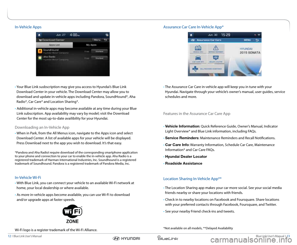 Hyundai Genesis 2015  Blue Link Manual Blue link User’s Manual  I  13
12  I   Blue link User’s Manual
In-Vehicle a pps
•  y our Blue link susbscription may give you access to Hyundai’s Blue link 
Download c enter in your vehicle. T