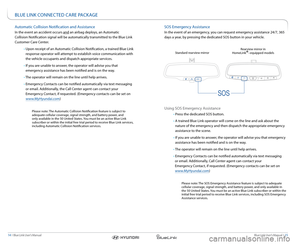 Hyundai Genesis 2015  Blue Link Manual Blue link User’s Manual  I  15
14  I   Blue link User’s Manual
sOs emergency a ssistance
In the event of an emergency, you can request emergency assistance 24/7, 365 
days a year, by pressing the 