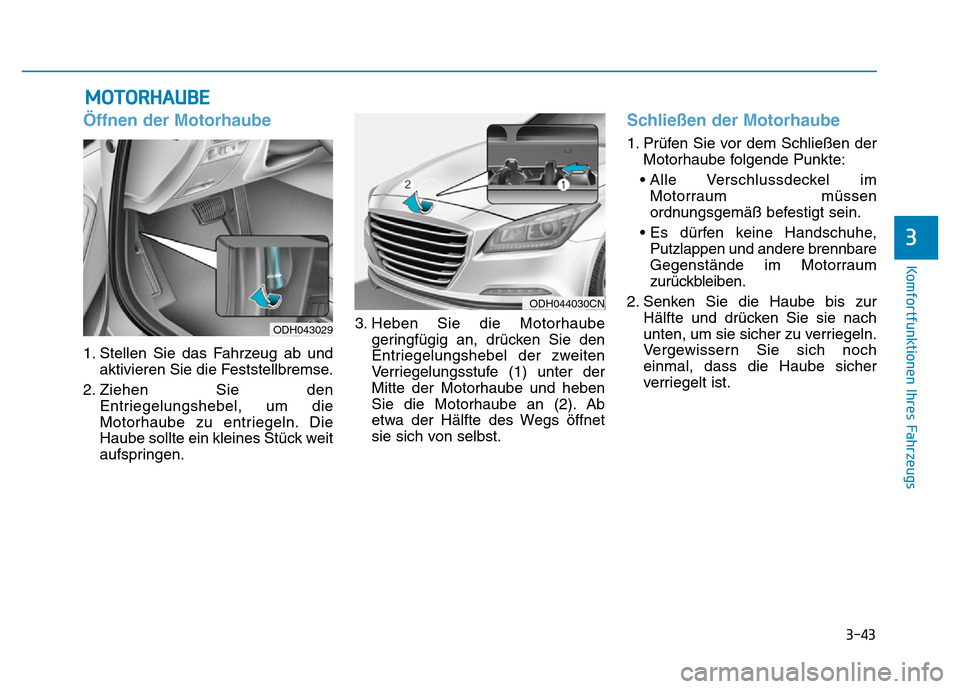 Hyundai Genesis 2015 Betriebsanleitung (in German) 3-43
Komfortfunktionen Ihres Fahrzeugs
3
Öffnen der Motorhaube
1. Stellen Sie das Fahrzeug ab und
aktivieren Sie die Feststellbremse.
2. Ziehen Sie den
Entriegelungshebel, um die
Motorhaube zu entr Hyundai Genesis 2015 Betriebsanleitung (in German) 3-43
Komfortfunktionen Ihres Fahrzeugs
3
Öffnen der Motorhaube
1. Stellen Sie das Fahrzeug ab und
aktivieren Sie die Feststellbremse.
2. Ziehen Sie den
Entriegelungshebel, um die
Motorhaube zu entr