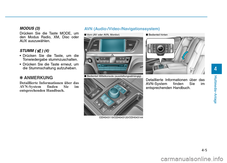 Hyundai Genesis 2015  Betriebsanleitung (in German) MODUS (3) 
Drücken Sie die Taste MODE, um
den Modus Radio, XM, Disc oder
AUX auszuwählen.
STUMM ( ) (4) 
• Drücken Sie die Taste, um die
Tonwiedergabe stummzuschalten.
• Drücken Sie die Taste 