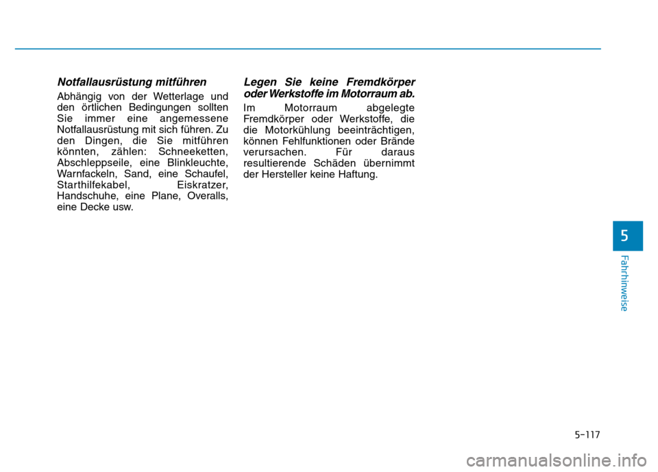 Hyundai Genesis 2015  Betriebsanleitung (in German) 5-117
Fahrhinweise
Notfallausrüstung mitführen
Abhängig von der Wetterlage und
den örtlichen Bedingungen sollten
Sie immer eine angemessene
Notfallausrüstung mit sich führen. Zu
den Dingen, die 