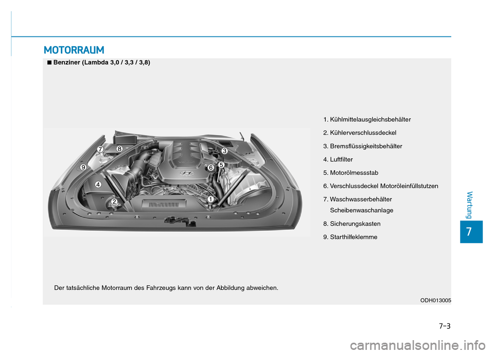 Hyundai Genesis 2015 Betriebsanleitung (in German) 7-3
7
Wartung
MOTORRAUM
1. Kühlmittelausgleichsbehälter
2. Kühlerverschlussdeckel
3. Bremsflüssigkeitsbehälter
4. Luftfilter
5. Motorölmessstab
6. Verschlussdeckel Motoröleinfüllstutzen
Hyundai Genesis 2015 Betriebsanleitung (in German) 7-3
7
Wartung
MOTORRAUM
1. Kühlmittelausgleichsbehälter
2. Kühlerverschlussdeckel
3. Bremsflüssigkeitsbehälter
4. Luftfilter
5. Motorölmessstab
6. Verschlussdeckel Motoröleinfüllstutzen