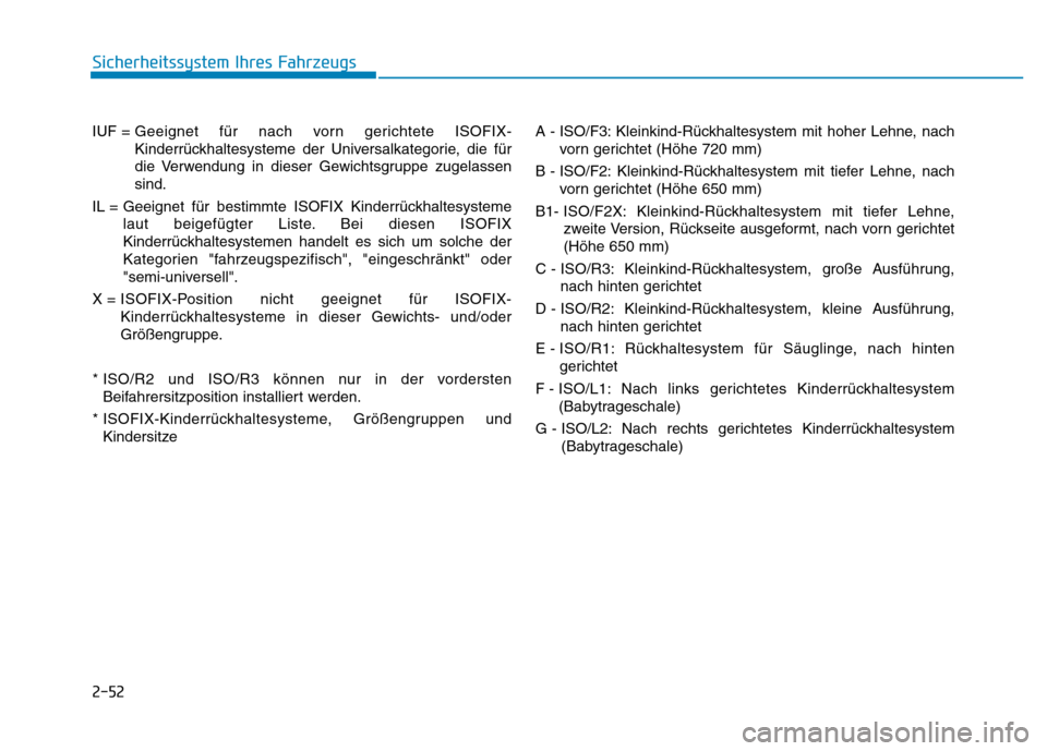 Hyundai Genesis 2015 Betriebsanleitung (in German) 2-52
Sicherheitssystem Ihres Fahrzeugs
IUF = Geeignet für nach vorn gerichtete ISOFIX-
Kinderrückhaltesysteme der Universalkategorie, die für
die Verwendung in dieser Gewichtsgruppe zugelassen
sind Hyundai Genesis 2015 Betriebsanleitung (in German) 2-52
Sicherheitssystem Ihres Fahrzeugs
IUF = Geeignet für nach vorn gerichtete ISOFIX-
Kinderrückhaltesysteme der Universalkategorie, die für
die Verwendung in dieser Gewichtsgruppe zugelassen
sind