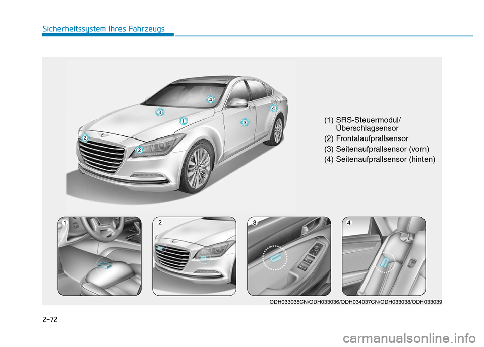 Hyundai Genesis 2015 Betriebsanleitung (in German) 2-72
Sicherheitssystem Ihres Fahrzeugs
(1) SRS-Steuermodul/
Überschlagsensor
(2) Frontalaufprallsensor
(3) Seitenaufprallsensor (vorn)
(4) Seitenaufprallsensor (hinten)
ODH033035CN/ODH033036/ODH03 Hyundai Genesis 2015 Betriebsanleitung (in German) 2-72
Sicherheitssystem Ihres Fahrzeugs
(1) SRS-Steuermodul/
Überschlagsensor
(2) Frontalaufprallsensor
(3) Seitenaufprallsensor (vorn)
(4) Seitenaufprallsensor (hinten)
ODH033035CN/ODH033036/ODH03