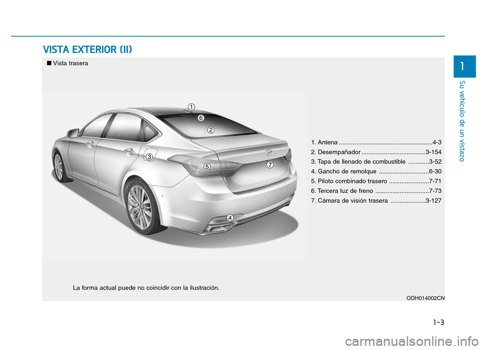 Hyundai Genesis 2015 Manual del propietario (in Spanish) 1-3
Su vehículo de un vistazo
VISTA EXTERIOR (II)
1
1. Antena ......................................................4-3
2. Desempañador .....................................3-154
3. Tapa de llenado Hyundai Genesis 2015 Manual del propietario (in Spanish) 1-3
Su vehículo de un vistazo
VISTA EXTERIOR (II)
1
1. Antena ......................................................4-3
2. Desempañador .....................................3-154
3. Tapa de llenado