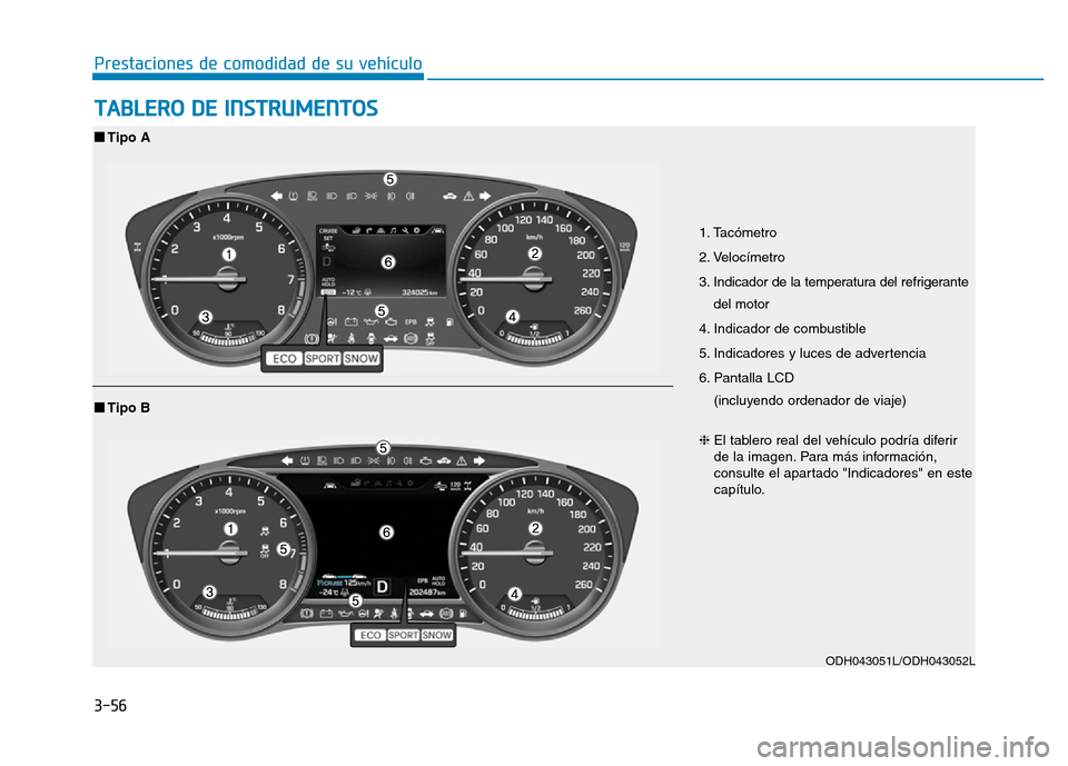 Hyundai Genesis 2015  Manual del propietario (in Spanish) 3-56
Prestaciones de comodidad de su vehículo 
TABLERO DE INSTRUMENTOS
1. Tacómetro 
2. Velocímetro 
3. Indicador de la temperatura del refrigerantedel motor 
4. Indicador de combustible 
5. Indica