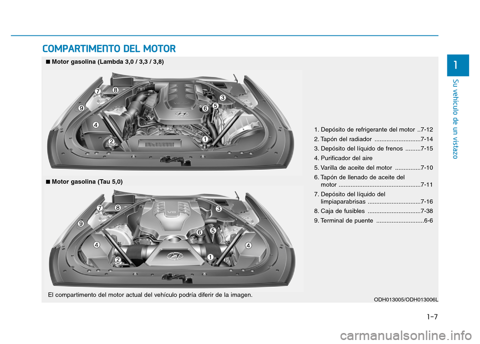 Hyundai Genesis 2015  Manual del propietario (in Spanish) 1-7
Su vehículo de un vistazo
1
COMPARTIMENTO DEL MOTOR
1. Depósito de refrigerante del motor  ..7-12
2. Tapón del radiador  ...........................7-14
3. Depósito del líquido de frenos  ...
