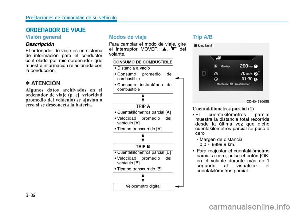 Hyundai Genesis 2015 Manual del propietario (in Spanish) 3-86
Prestaciones de comodidad de su vehículo
Visión general
Descripción
El ordenador de viaje es un sistema
de información para el conductor
controlado por microordenador que
muestra informaci Hyundai Genesis 2015 Manual del propietario (in Spanish) 3-86
Prestaciones de comodidad de su vehículo
Visión general
Descripción
El ordenador de viaje es un sistema
de información para el conductor
controlado por microordenador que
muestra informaci