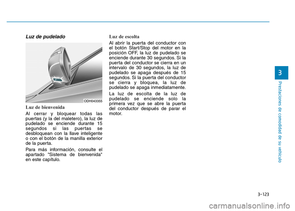 Hyundai Genesis 2015  Manual del propietario (in Spanish) 3-123
Prestaciones de comodidad de su vehículo 
3
Luz de pudelado 
Luz de bienvenida
Al cerrar y bloquear todas las
puertas (y la del maletero), la luz de
pudelado se enciende durante 15
segundos si 