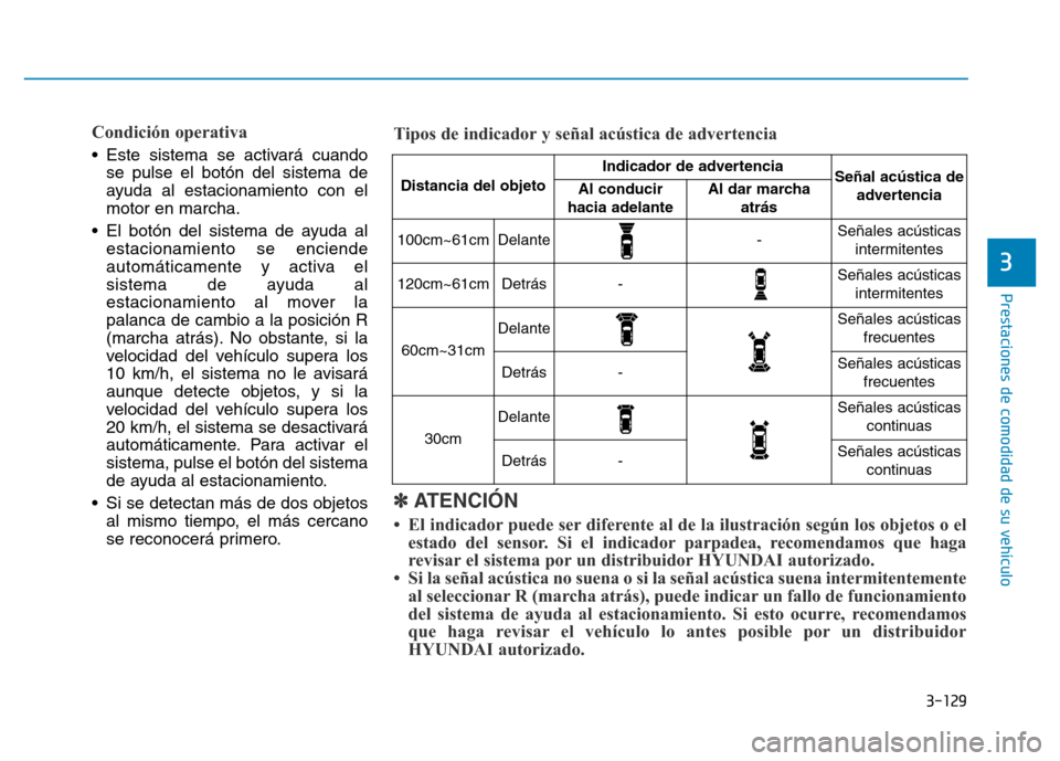 Hyundai Genesis 2015  Manual del propietario (in Spanish) 3-129
Prestaciones de comodidad de su vehículo 
3
Condición operativa
• Este sistema se activará cuandose pulse el botón del sistema de
ayuda al estacionamiento con el
motor en marcha.
• El bo