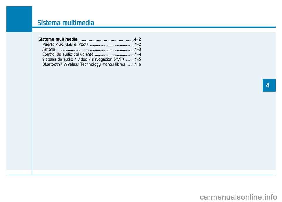 Hyundai Genesis 2015  Manual del propietario (in Spanish) Sistema multimedia 
Sistema multimedia  ...............................................4-2
Puerto Aux, USB e iPod®...............................................4-2
Antena ...........................