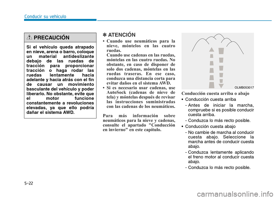 Hyundai Genesis 2015 Manual del propietario (in Spanish) 5-22
Conducir su vehículo
✽ATENCIÓN
• Cuando use neumáticos para lanieve, móntelos en las cuatro
ruedas.
Cuando use cadenas en las ruedas,
móntelas en las cuatro ruedas. No
obstante, en caso Hyundai Genesis 2015 Manual del propietario (in Spanish) 5-22
Conducir su vehículo
✽ATENCIÓN
• Cuando use neumáticos para lanieve, móntelos en las cuatro
ruedas.
Cuando use cadenas en las ruedas,
móntelas en las cuatro ruedas. No
obstante, en caso