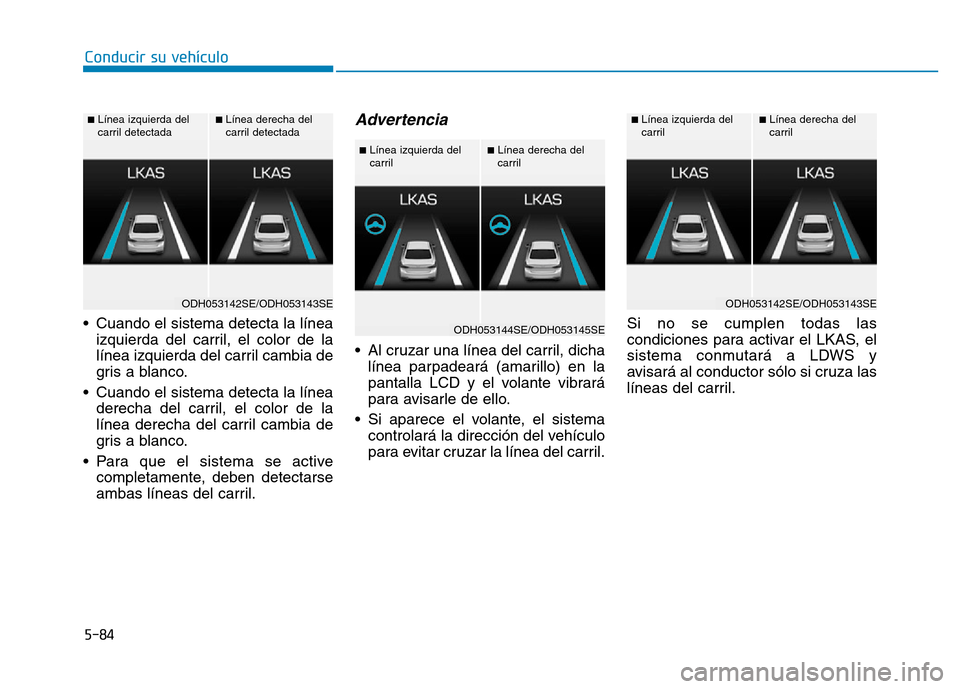 Hyundai Genesis 2015  Manual del propietario (in Spanish) 5-84
Conducir su vehículo
• Cuando el sistema detecta la línea izquierda del carril, el color de la
línea izquierda del carril cambia de
gris a blanco.
• Cuando el sistema detecta la línea der