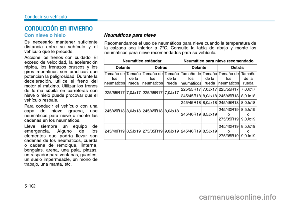 Hyundai Genesis 2015 Manual del propietario (in Spanish) 5-102
Conducir su vehículo
Con nieve o hielo
Es necesario mantener suficiente
distancia entre su vehículo y el
vehículo que le precede.
Accione los frenos con cuidado. El
exceso de velocidad, la a Hyundai Genesis 2015 Manual del propietario (in Spanish) 5-102
Conducir su vehículo
Con nieve o hielo
Es necesario mantener suficiente
distancia entre su vehículo y el
vehículo que le precede.
Accione los frenos con cuidado. El
exceso de velocidad, la a