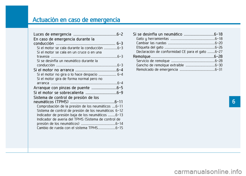 Hyundai Genesis 2015 Manual del propietario (in Spanish) Actuación en caso de emergencia
Luces de emergencia ...........................................6-2
En caso de emergencia durante la
conducción .................................................... Hyundai Genesis 2015 Manual del propietario (in Spanish) Actuación en caso de emergencia
Luces de emergencia ...........................................6-2
En caso de emergencia durante la
conducción ....................................................