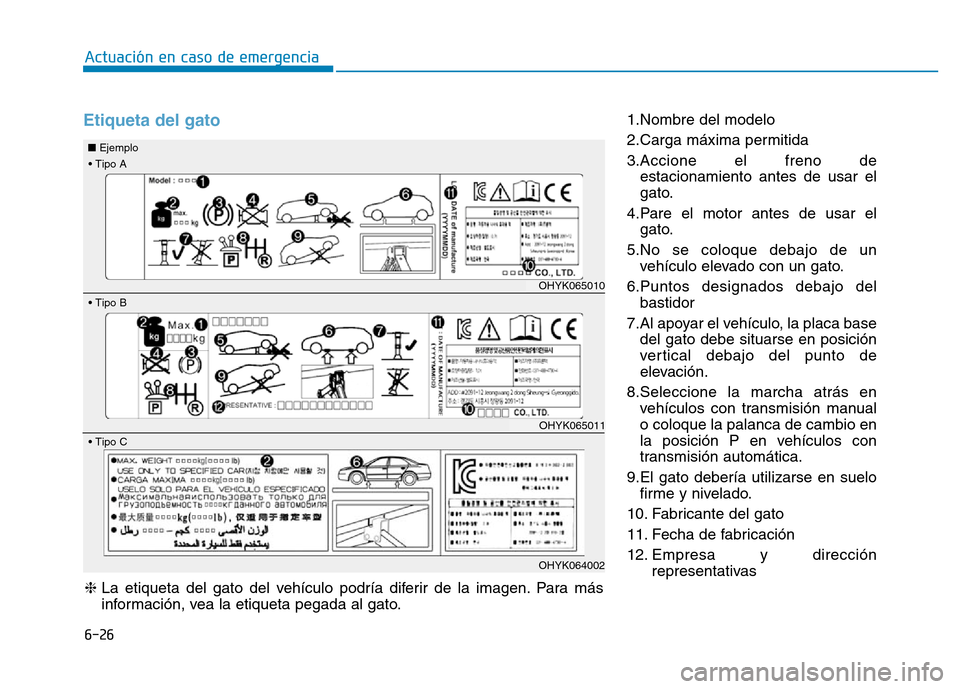 Hyundai Genesis 2015  Manual del propietario (in Spanish) 6-26
Actuación en caso de emergencia 
Etiqueta del gato 1.Nombre del modelo 
2.Carga máxima permitida 
3.Accione el freno deestacionamiento antes de usar el
gato.
4.Pare el motor antes de usar el ga