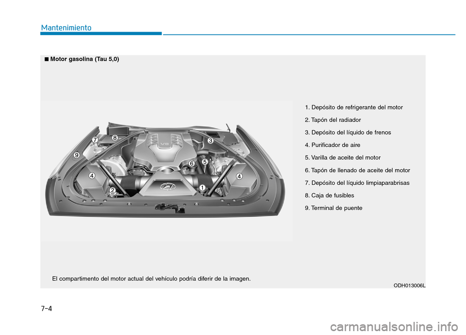 Hyundai Genesis 2015 Manual del propietario (in Spanish) 7-4
Mantenimiento
1. Depósito de refrigerante del motor
2. Tapón del radiador
3. Depósito del líquido de frenos
4. Purificador de aire
5. Varilla de aceite del motor
6. Tapón de llenado de a Hyundai Genesis 2015 Manual del propietario (in Spanish) 7-4
Mantenimiento
1. Depósito de refrigerante del motor
2. Tapón del radiador
3. Depósito del líquido de frenos
4. Purificador de aire
5. Varilla de aceite del motor
6. Tapón de llenado de a