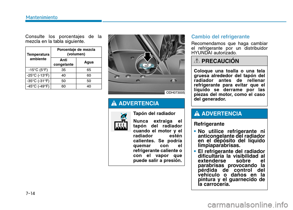 Hyundai Genesis 2015  Manual del propietario (in Spanish) 7-14
Mantenimiento
Consulte los porcentajes de la
mezcla en la tabla siguiente.
Cambio del refrigerante
Recomendamos que haga cambiar
el refrigerante por un distribuidor
HYUNDAI autorizado.
Temperatur