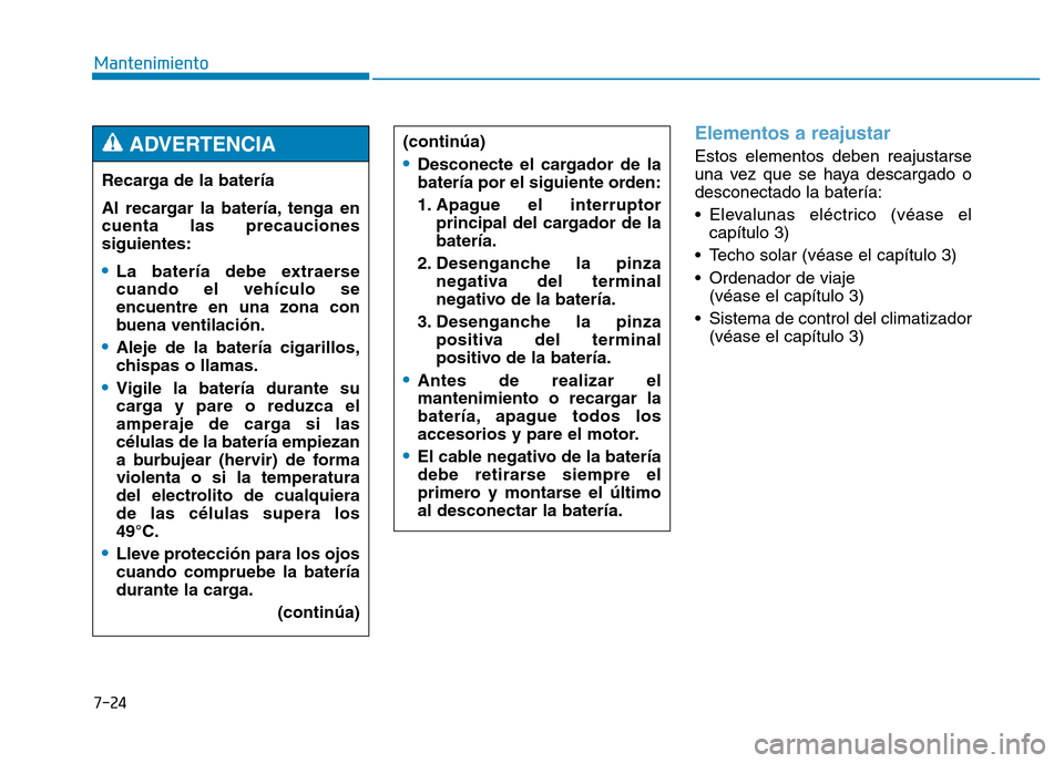 Hyundai Genesis 2015  Manual del propietario (in Spanish) 7-24
Mantenimiento
Elementos a reajustar 
Estos elementos deben reajustarse
una vez que se haya descargado o
desconectado la batería:
• Elevalunas eléctrico (véase elcapítulo 3) 
• Techo solar