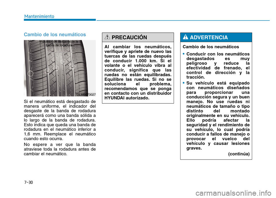 Hyundai Genesis 2015  Manual del propietario (in Spanish) 7-30
Mantenimiento
Cambio de los neumáticos 
Si el neumático está desgastado de
manera uniforme, el indicador del
desgaste de la banda de rodadura
aparecerá como una banda sólida a
lo largo de la