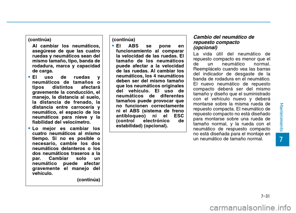 Hyundai Genesis 2015  Manual del propietario (in Spanish) 7-31
7
Mantenimiento
Cambio del neumático derepuesto compacto (opcional) 
La vida útil del neumático de
repuesto compacto es menor que el
de un neumático normal.
Reemplácelo cuando vea las barras