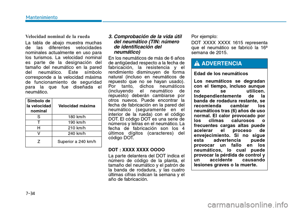 Hyundai Genesis 2015  Manual del propietario (in Spanish) 7-34
Mantenimiento
Velocidad nominal de la rueda  
La tabla de abajo muestra muchas
de las diferentes velocidades
nominales actualmente en uso para
los turismos. La velocidad nominal
es parte de la de