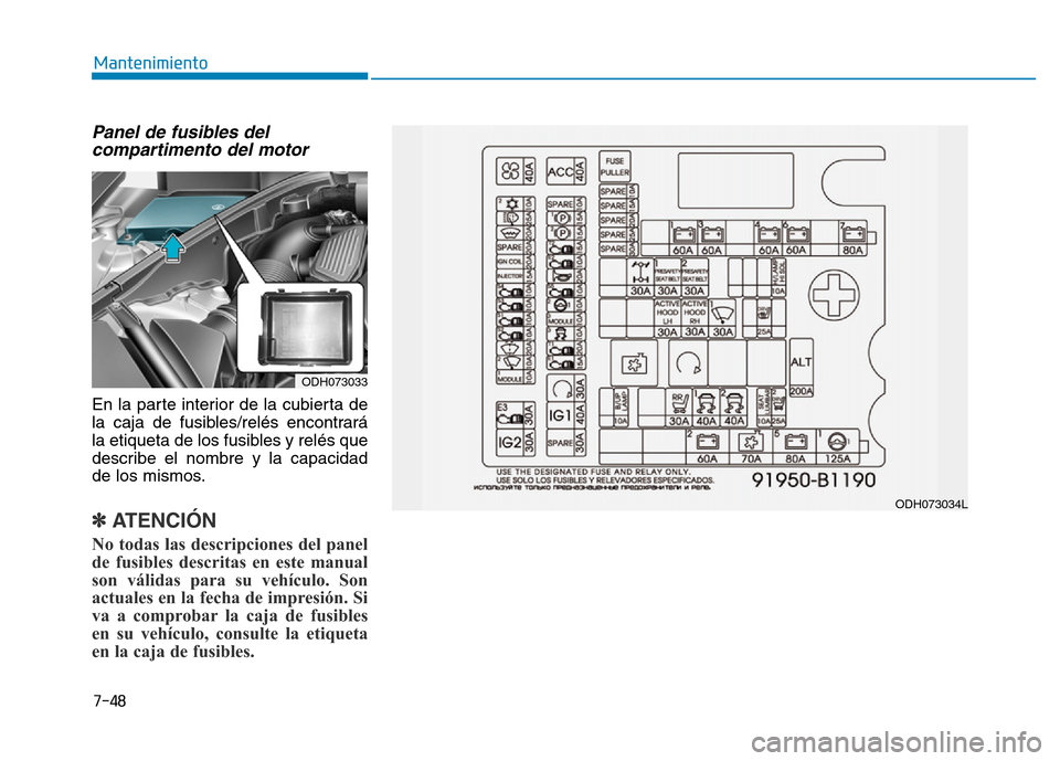 Hyundai Genesis 2015 Manual del propietario (in Spanish) 7-48
Mantenimiento
Panel de fusibles delcompartimento del motor
En la parte interior de la cubierta de
la caja de fusibles/relés encontrará
la etiqueta de los fusibles y relés que
describe el nomb Hyundai Genesis 2015 Manual del propietario (in Spanish) 7-48
Mantenimiento
Panel de fusibles delcompartimento del motor
En la parte interior de la cubierta de
la caja de fusibles/relés encontrará
la etiqueta de los fusibles y relés que
describe el nomb