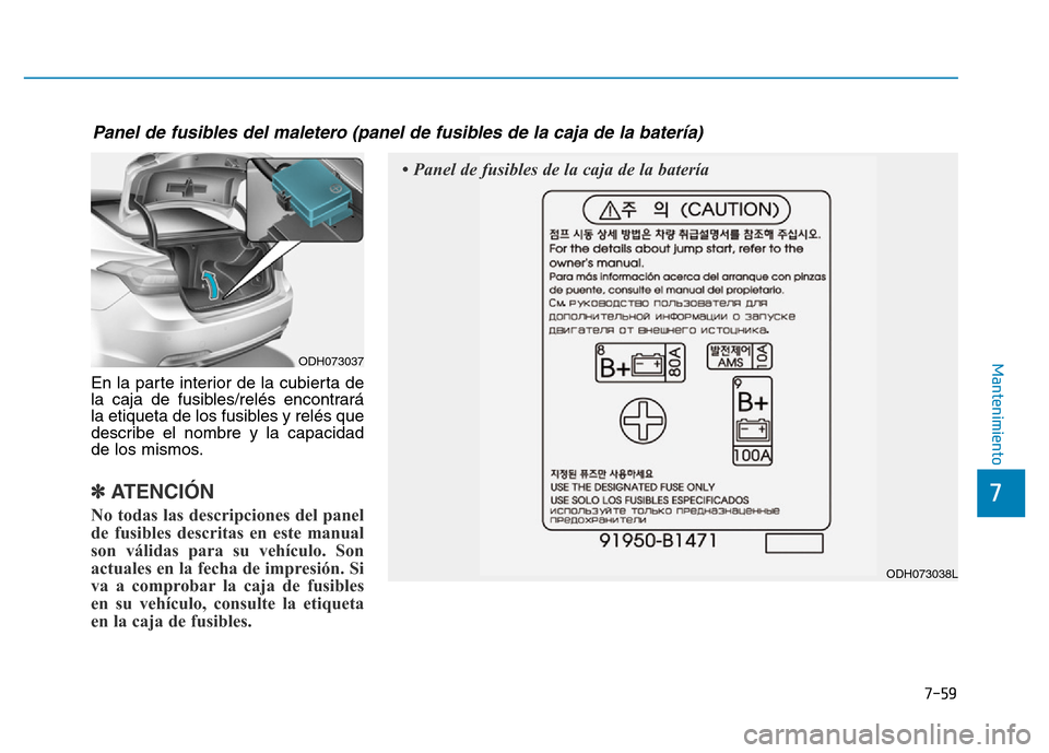 Hyundai Genesis 2015  Manual del propietario (in Spanish) 7-59
7
Mantenimiento
En la parte interior de la cubierta de
la caja de fusibles/relés encontrará
la etiqueta de los fusibles y relés que
describe el nombre y la capacidad
de los mismos.
✽ATENCIÓ