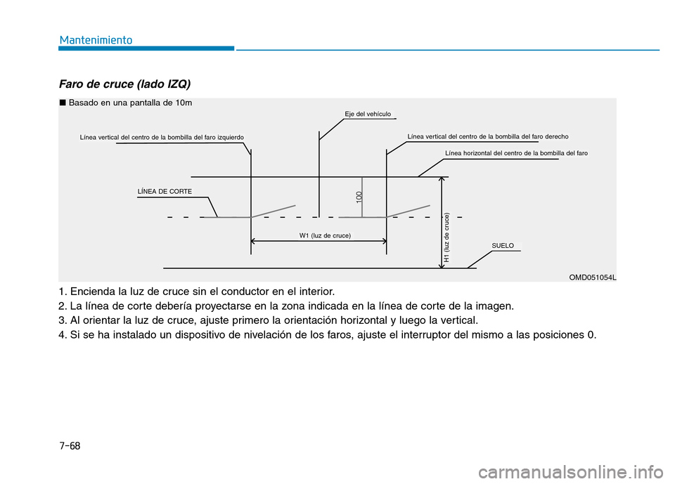 Hyundai Genesis 2015  Manual del propietario (in Spanish) 7-68
Mantenimiento
Faro de cruce (lado IZQ) 
1. Encienda la luz de cruce sin el conductor en el interior.
2. La línea de corte debería proyectarse en la zona indicada en la línea de corte de la ima