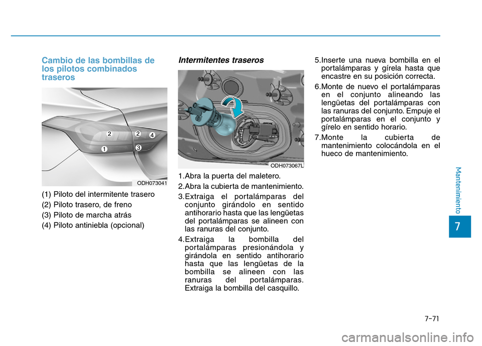 Hyundai Genesis 2015  Manual del propietario (in Spanish) 7-71
7
Mantenimiento
Cambio de las bombillas de
los pilotos combinados
traseros 
(1) Piloto del intermitente trasero 
(2) Piloto trasero, de freno 
(3) Piloto de marcha atrás 
(4) Piloto antiniebla (