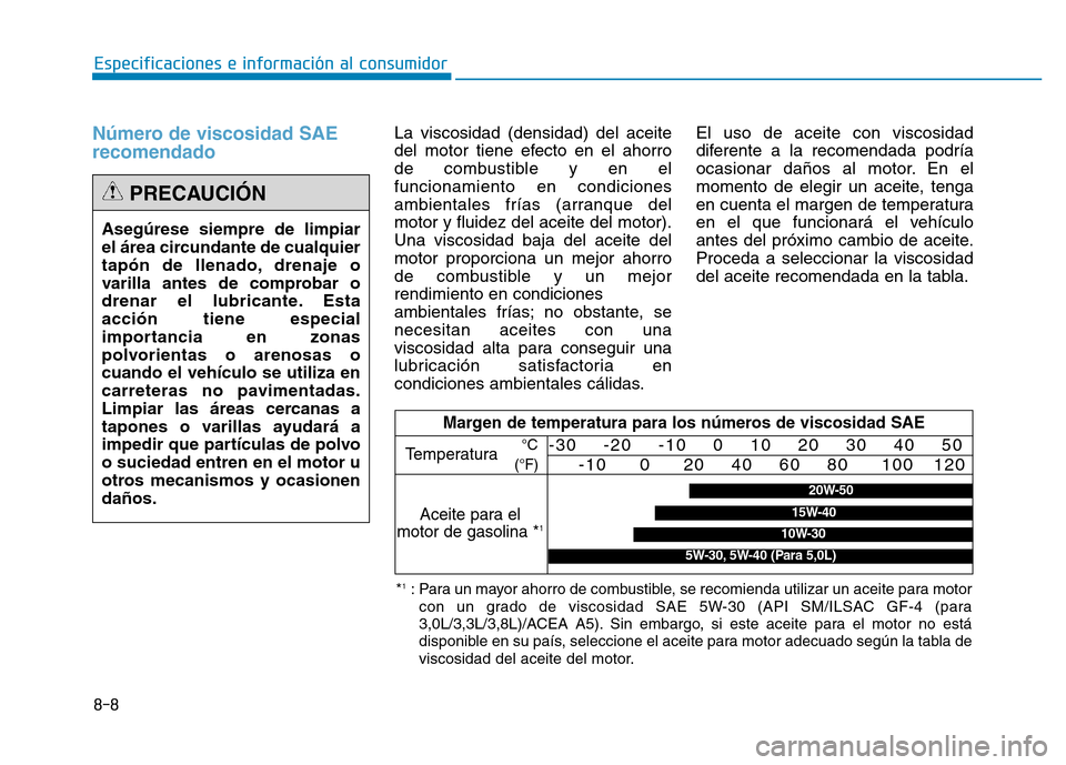 Hyundai Genesis 2015  Manual del propietario (in Spanish) 8-8
Especificaciones e información al consumidor
Número de viscosidad SAE
recomendado      La viscosidad (densidad) del aceite
del motor tiene efecto en el ahorro
de combustible y en el
funcionamien