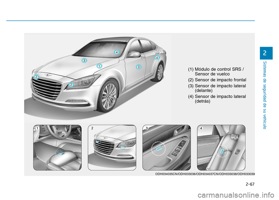 Hyundai Genesis 2015  Manual del propietario (in Spanish) 2-67
Sistemas de seguridad de su vehículo 
2
(1) Módulo de control SRS /Sensor de vuelco 
(2) Sensor de impacto frontal 
(3) Sensor de impacto lateral (delante) 
(4) Sensor de impacto lateral (detr�