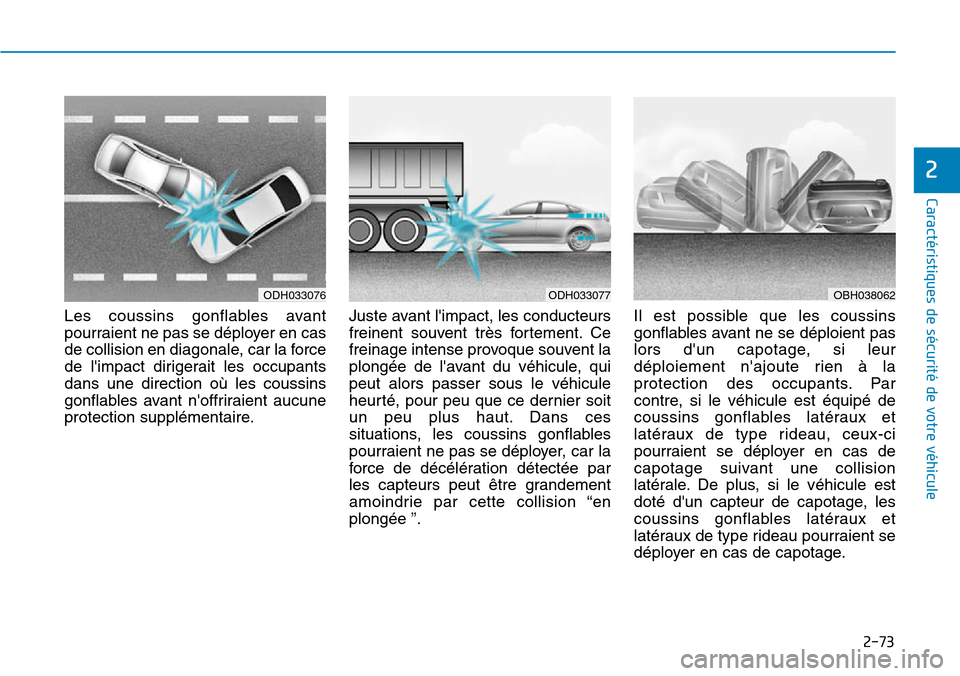 Hyundai Genesis 2015 Manuel du propriétaire (in French) 2-73
Caractéristiques de sécurité de votre véhicule
2
Les coussins gonflables avant
pourraient ne pas se déployer en cas
de collision en diagonale, car la force
de limpact dirigerait les occupan Hyundai Genesis 2015 Manuel du propriétaire (in French) 2-73
Caractéristiques de sécurité de votre véhicule
2
Les coussins gonflables avant
pourraient ne pas se déployer en cas
de collision en diagonale, car la force
de limpact dirigerait les occupan