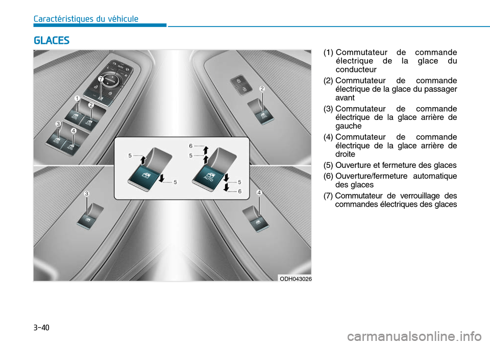 Hyundai Genesis 2015 Manuel du propriétaire (in French) 3-40
Caractéristiques du véhicule(1) Commutateur de commandeélectrique de la glace du
conducteur
(2) Commutateur de commande
électrique de la glace du passager
avant
(3) Commutateur de commande
Hyundai Genesis 2015 Manuel du propriétaire (in French) 3-40
Caractéristiques du véhicule(1) Commutateur de commandeélectrique de la glace du
conducteur
(2) Commutateur de commande
électrique de la glace du passager
avant
(3) Commutateur de commande