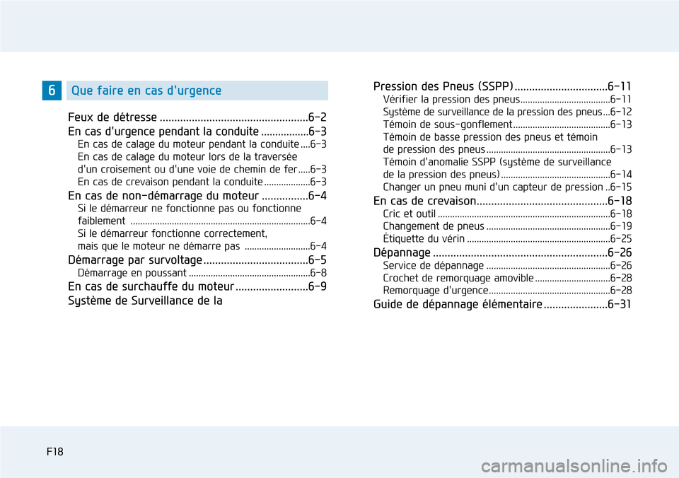Hyundai Genesis 2015  Manuel du propriétaire (in French) F18F18
Feux de détresse ...................................................6-2
En cas durgence pendant la conduite .................6-3
En cas de calage du moteur pendant la conduite ....6-3
En cas 
