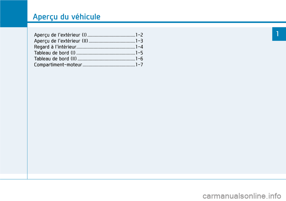 Hyundai Genesis 2015  Manuel du propriétaire (in French) Aperçu du véhicule
1
Aperçu du véhicule
Aperçu de lextérieur (I) .......................................1-2
Aperçu de lextérieur (II) ......................................1-3
Regard à lin