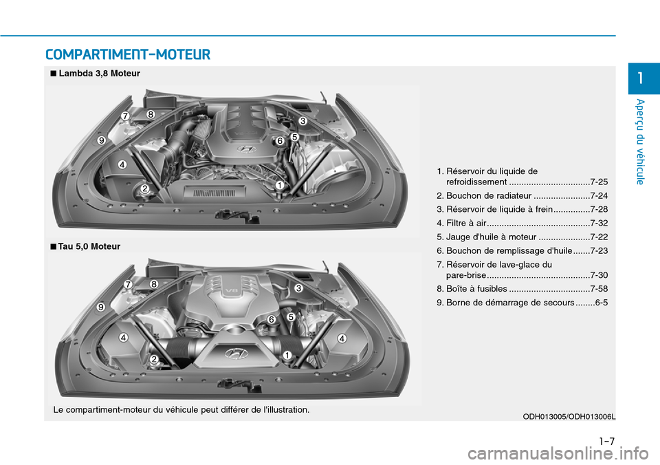 Hyundai Genesis 2015 Manuel du propriétaire (in French) 1-7
Aperçu du véhicule
1
COMPARTIMENT-MOTEUR
1. Réservoir du liquide de refroidissement .................................7-25
2. Bouchon de radiateur .......................7-24
3. Réservoir de li Hyundai Genesis 2015 Manuel du propriétaire (in French) 1-7
Aperçu du véhicule
1
COMPARTIMENT-MOTEUR
1. Réservoir du liquide de refroidissement .................................7-25
2. Bouchon de radiateur .......................7-24
3. Réservoir de li