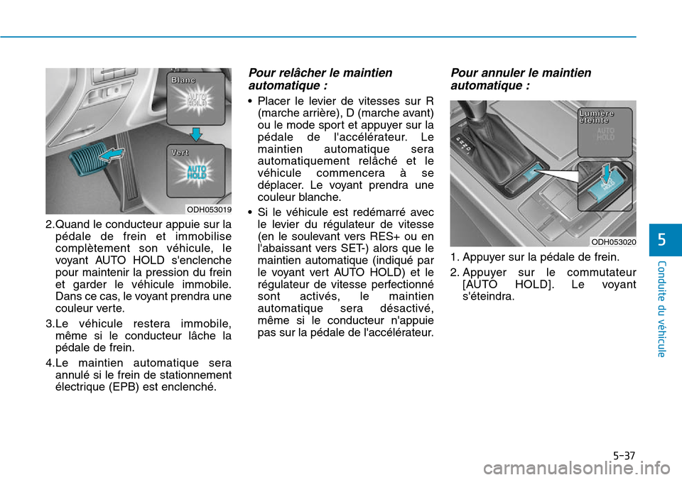 Hyundai Genesis 2015 Manuel du propriétaire (in French) 5-37
Conduite du véhicule
5
2.Quand le conducteur appuie sur lapédale de frein et immobilise
complètement son véhicule, le
voyant AUTO HOLD senclenche
pour maintenir la pression du frein
et garde Hyundai Genesis 2015 Manuel du propriétaire (in French) 5-37
Conduite du véhicule
5
2.Quand le conducteur appuie sur lapédale de frein et immobilise
complètement son véhicule, le
voyant AUTO HOLD senclenche
pour maintenir la pression du frein
et garde