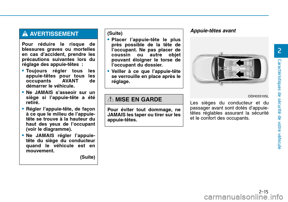Hyundai Genesis 2015 Manuel du propriétaire (in French) 2-15
Caractéristiques de sécurité de votre véhicule
2
Appuie-têtes avant
Les sièges du conducteur et du
passager avant sont dotés d’appuie-
têtes réglables assurant la sécurité
et le conf Hyundai Genesis 2015 Manuel du propriétaire (in French) 2-15
Caractéristiques de sécurité de votre véhicule
2
Appuie-têtes avant
Les sièges du conducteur et du
passager avant sont dotés d’appuie-
têtes réglables assurant la sécurité
et le conf