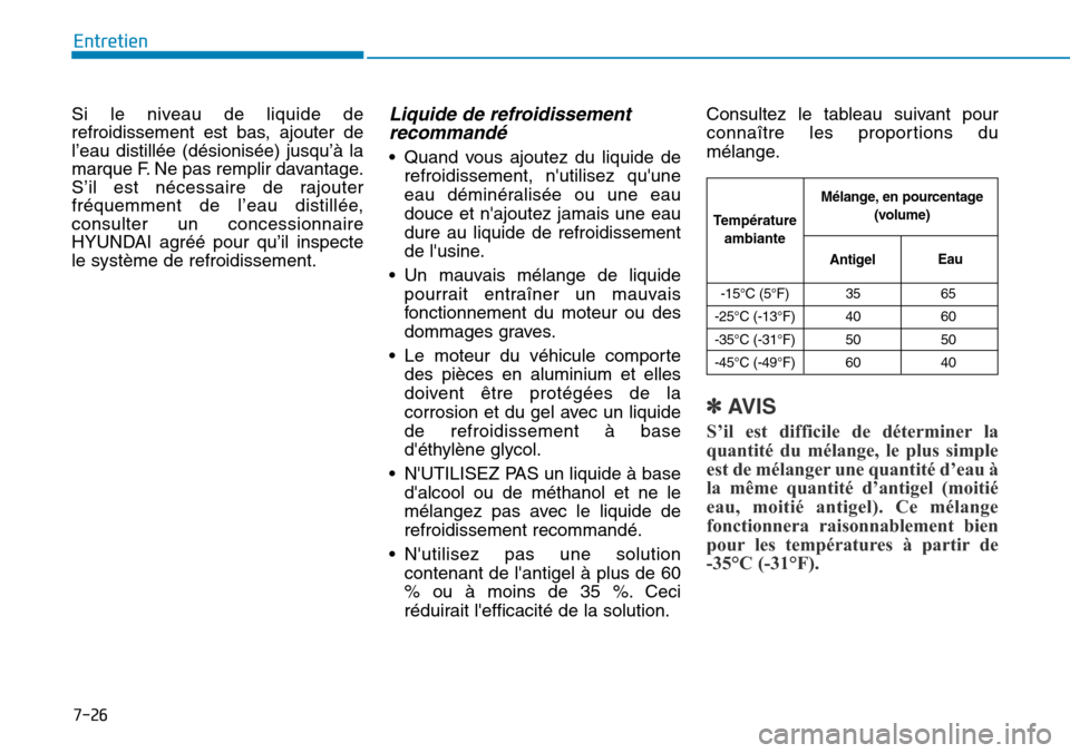 Hyundai Genesis 2015 Manuel du propriétaire (in French) 7-26
Entretien
Si le niveau de liquide de
refroidissement est bas, ajouter de
l’eau distillée (désionisée) jusqu’à la
marque F. Ne pas remplir davantage.
S’il est nécessaire de rajouter
fr Hyundai Genesis 2015 Manuel du propriétaire (in French) 7-26
Entretien
Si le niveau de liquide de
refroidissement est bas, ajouter de
l’eau distillée (désionisée) jusqu’à la
marque F. Ne pas remplir davantage.
S’il est nécessaire de rajouter
fr