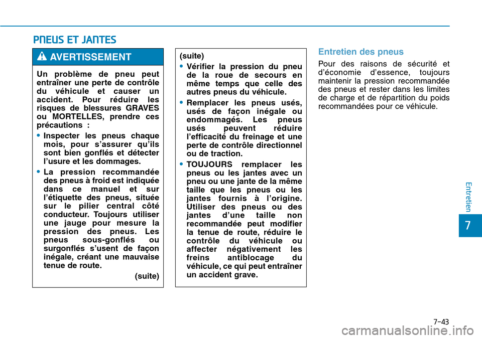 Hyundai Genesis 2015 Manuel du propriétaire (in French) 7-43
7
Entretien
PNEUS ET JANTES
Entretien des pneus
Pour des raisons de sécurité et
d’économie d’essence, toujours
maintenir la pression recommandée
des pneus et rester dans les limites
de ch Hyundai Genesis 2015 Manuel du propriétaire (in French) 7-43
7
Entretien
PNEUS ET JANTES
Entretien des pneus
Pour des raisons de sécurité et
d’économie d’essence, toujours
maintenir la pression recommandée
des pneus et rester dans les limites
de ch