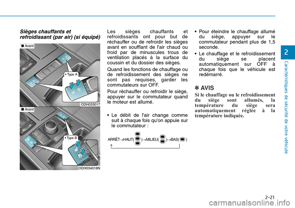 Hyundai Genesis 2015 Manuel du propriétaire (in French) Sièges chauffants etrefroidissant (par air) (si équipé)Les sièges chauffants et
refroidissants ont pour but de
réchauffer ou de refroidir les sièges
avant en soufflant de lair chaud ou
froid pa Hyundai Genesis 2015 Manuel du propriétaire (in French) Sièges chauffants etrefroidissant (par air) (si équipé)Les sièges chauffants et
refroidissants ont pour but de
réchauffer ou de refroidir les sièges
avant en soufflant de lair chaud ou
froid pa
